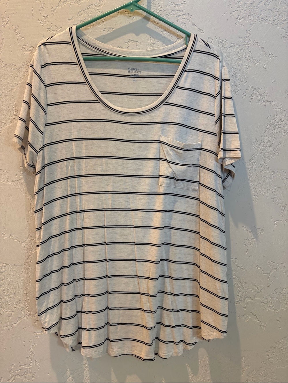 Market & Spruce White Tee with Black Horizontal Stripes and Pocket